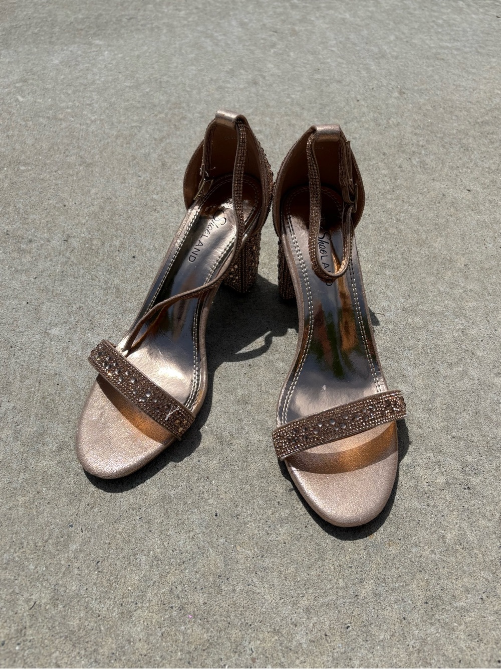 ShoeLand Rose Gold Rhinestone Block Heels | Size 8.5 | Sparkly Dress Sandals